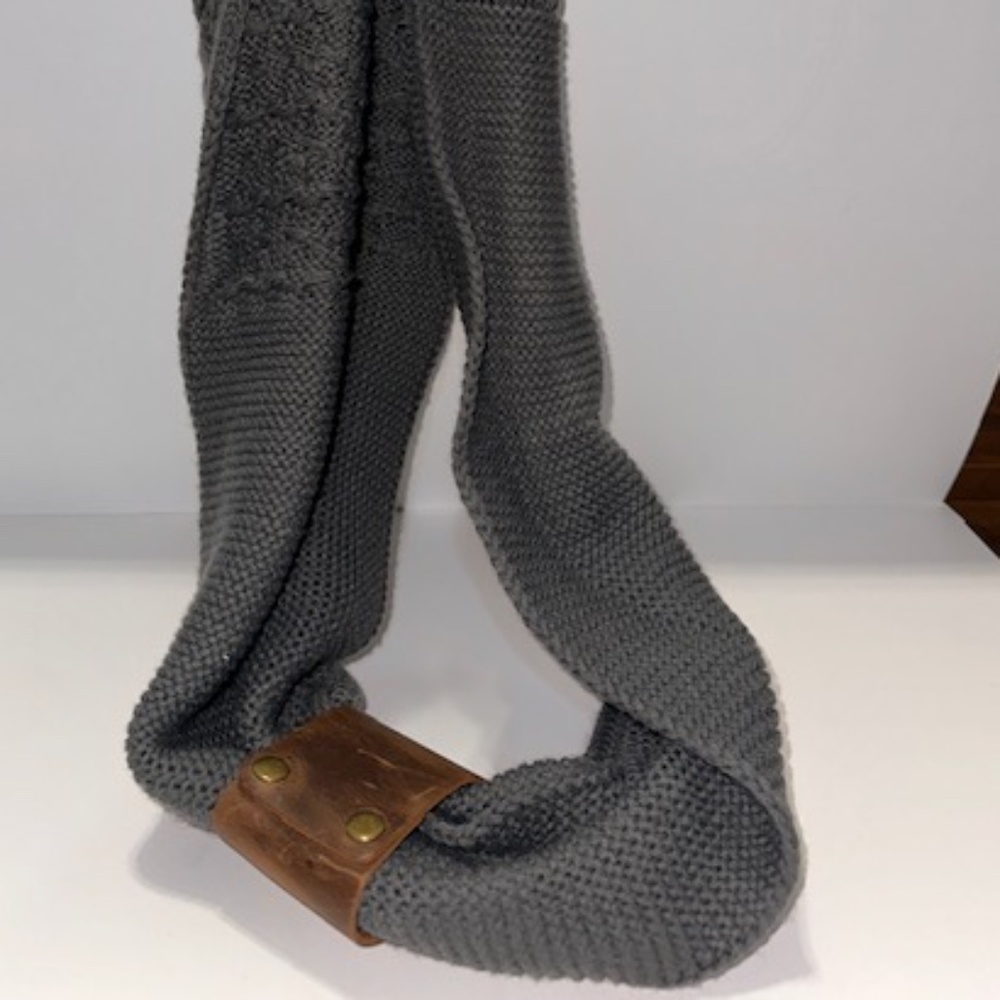 Cozy Grey Infinity Scarf with Removable Leather Accent